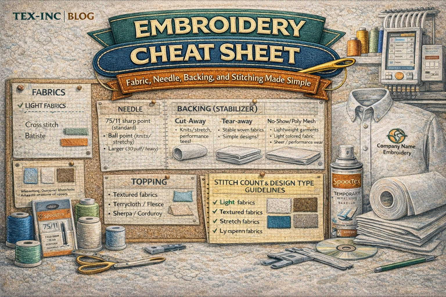 Embroidery Cheat Sheet: Fabric, Needle, Backing