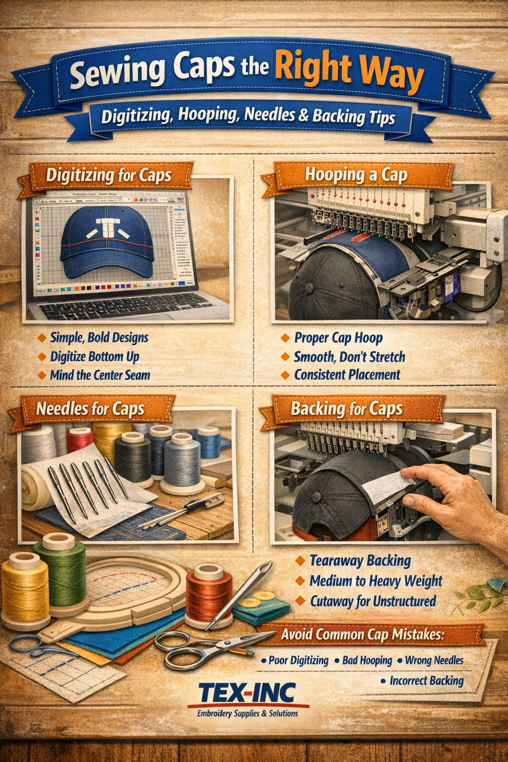 Sewing Caps the Right Way: Digitizing, Hooping, Needles, and Backing Explained