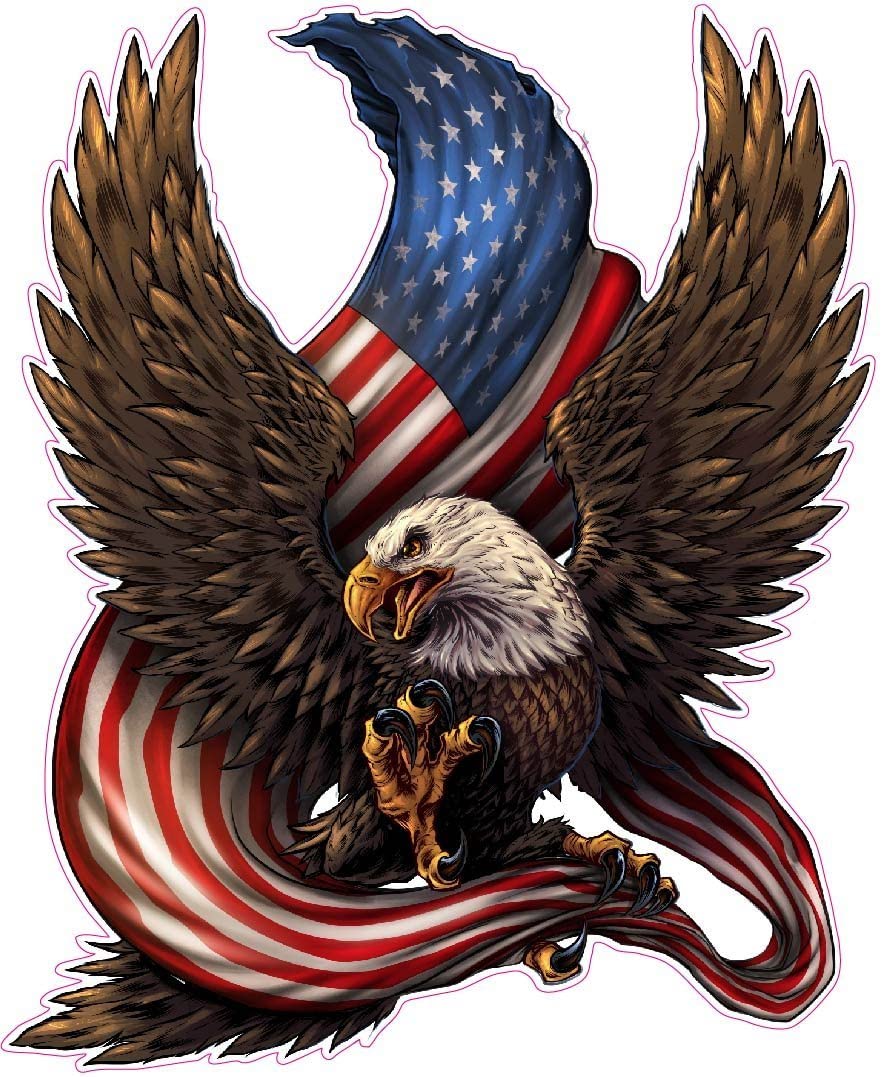 Eagle clutching an American flag on a white background