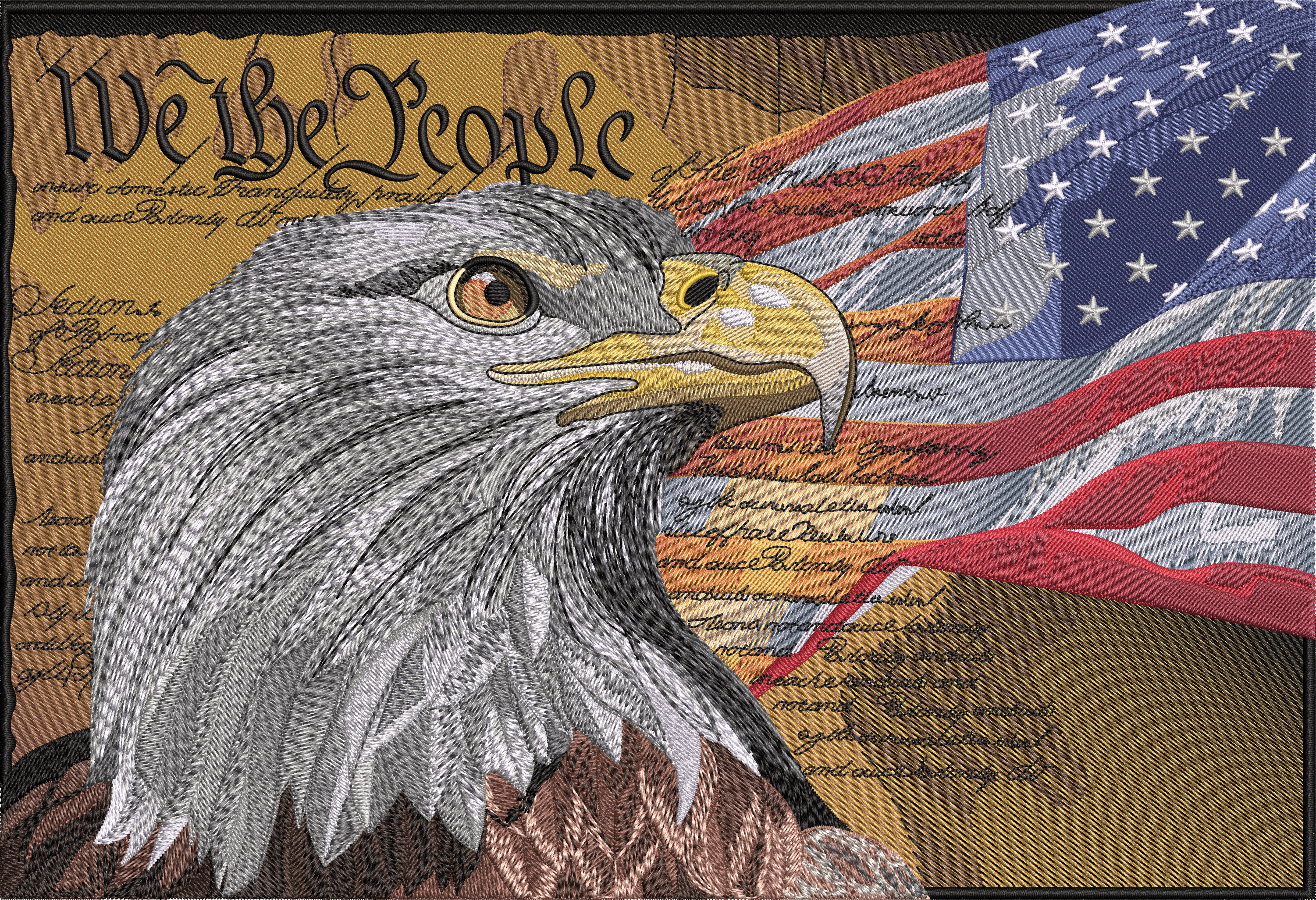 Embroidered patch of an eagle and American flag with 'We the People' text